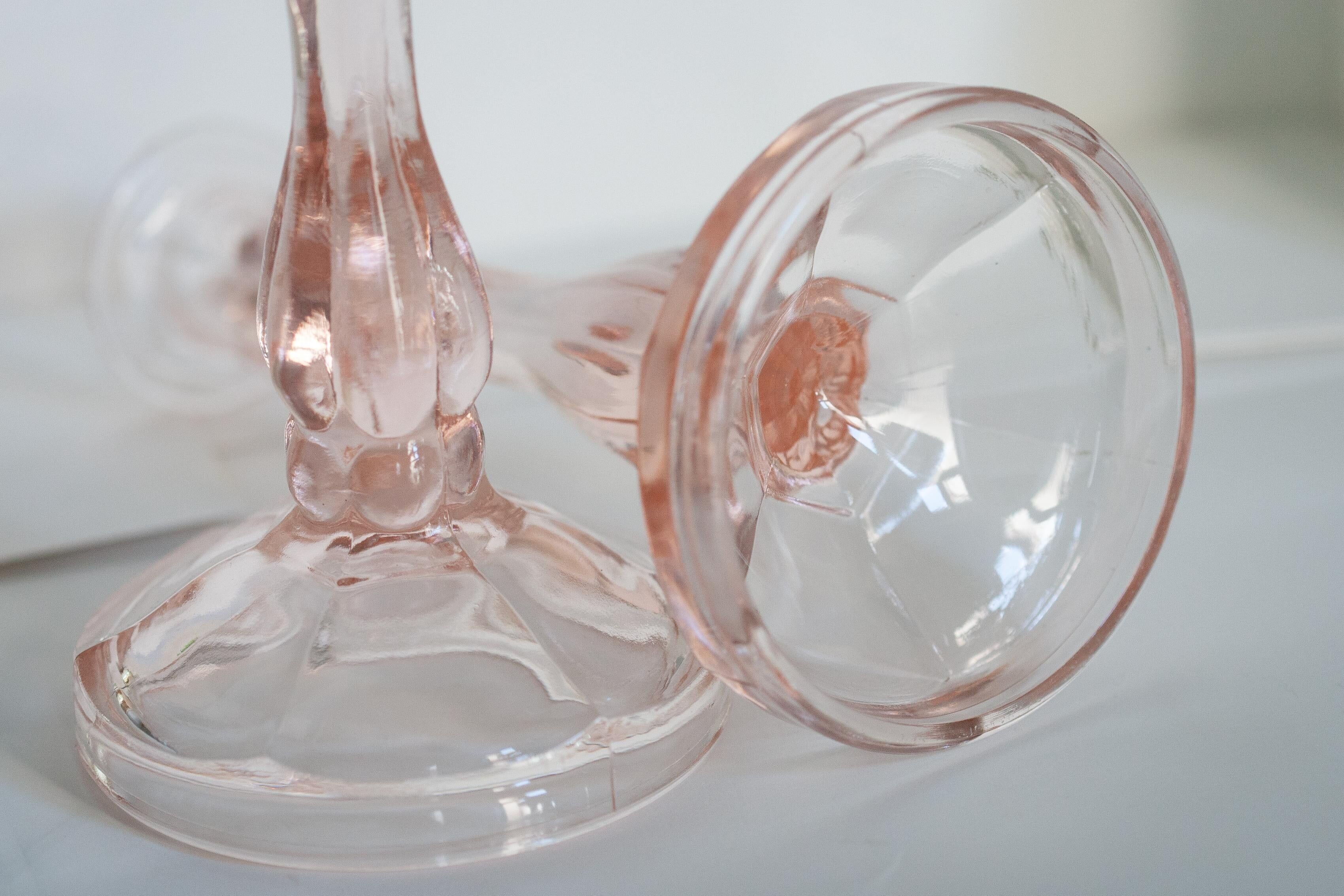 Set of two light pink glass candlesticks from the mid-century, Poland, 1960s.