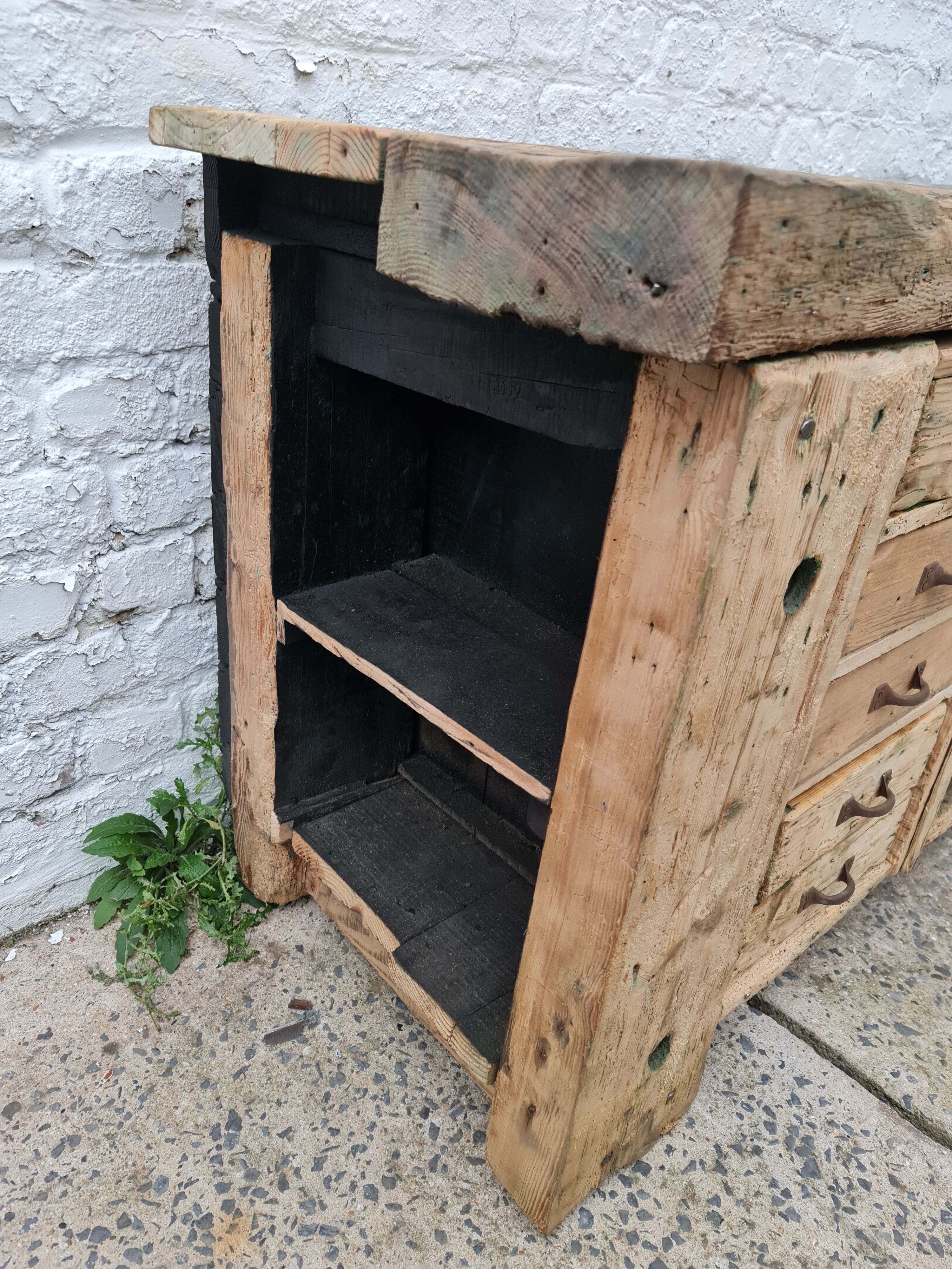 Old established a door and five drawers raw wood