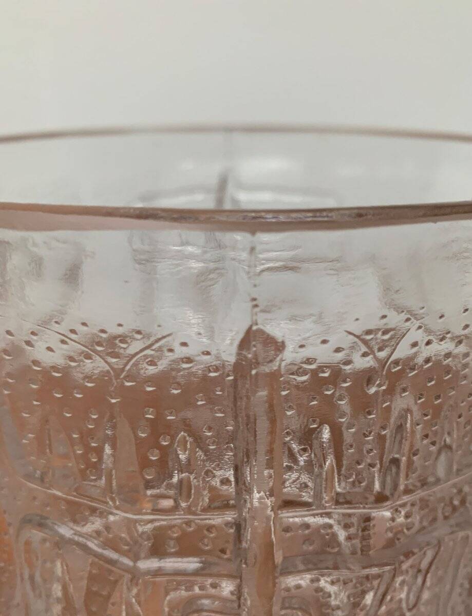 Large vintage glass vase or bowl with South American/Inca ornaments.