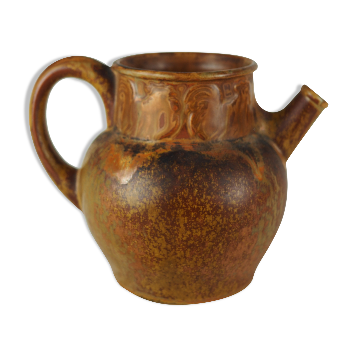 Rooster frieze pitcher, glaze with warm brown drips, ochre and volcanic - Denbac - 30s