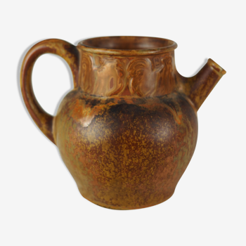 Rooster frieze pitcher, glaze with warm brown drips, ochre and volcanic - Denbac - 30s