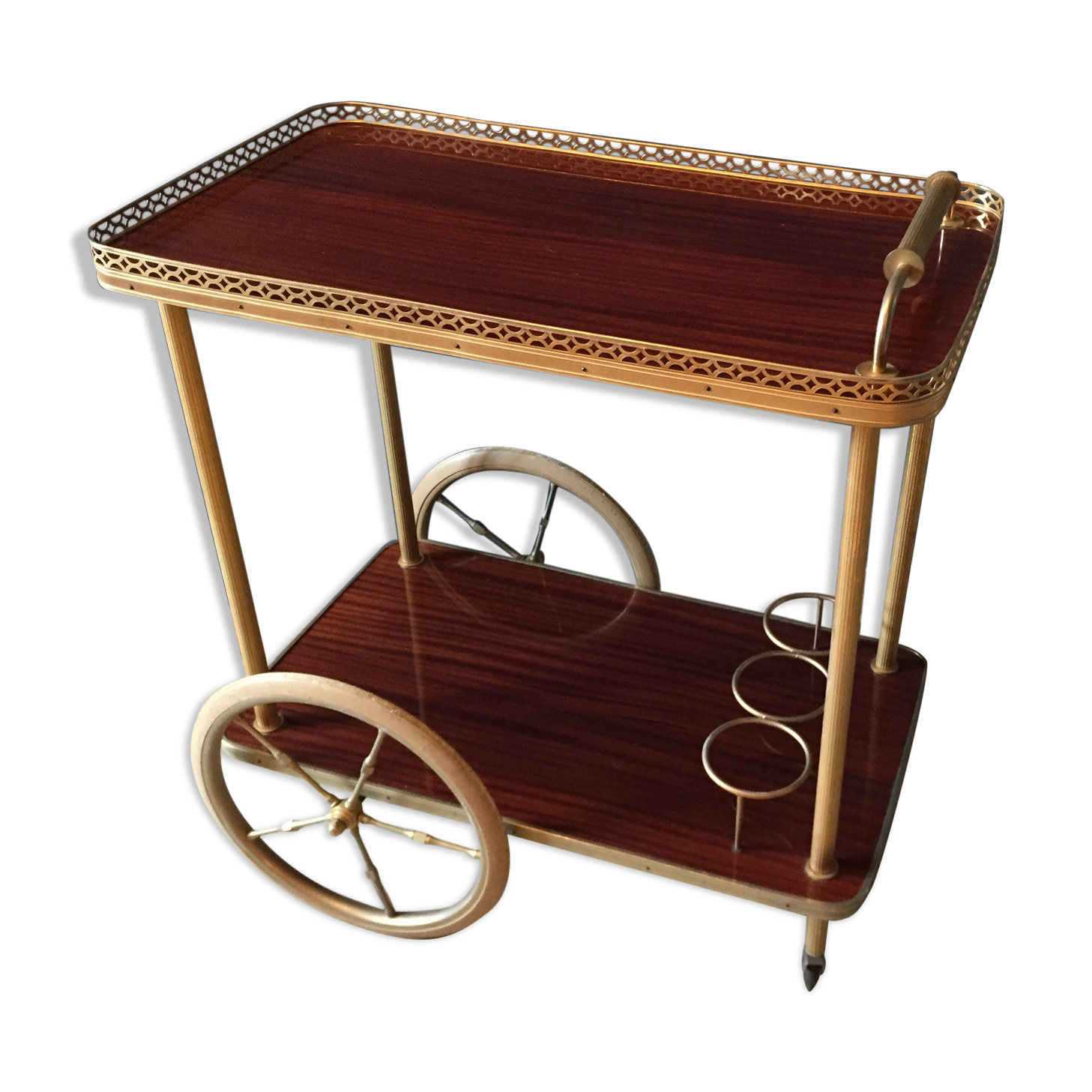 Serving wheels gold metal and wood vintage 1960