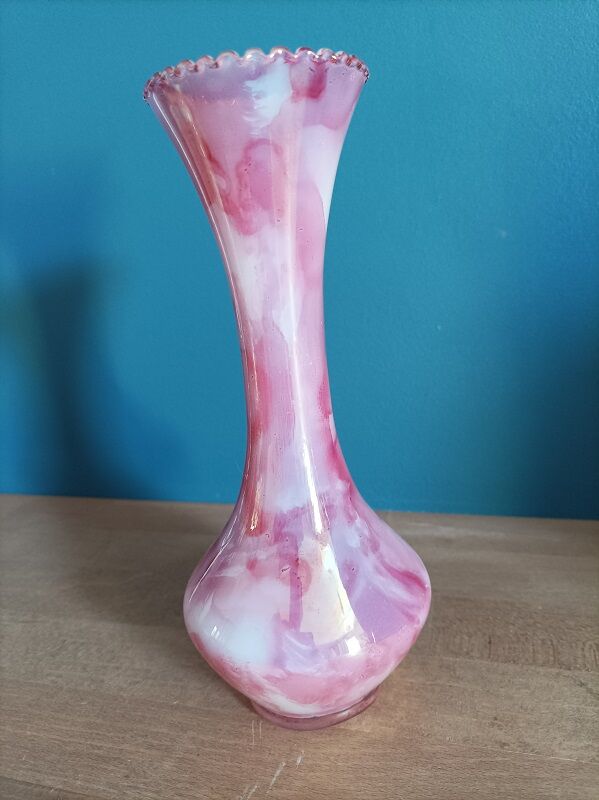 Vase blown glass jar variegated pink soliflore