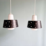 A pair of Scandinavian pendant lights in white opaline and black lacquered metal, 1960.