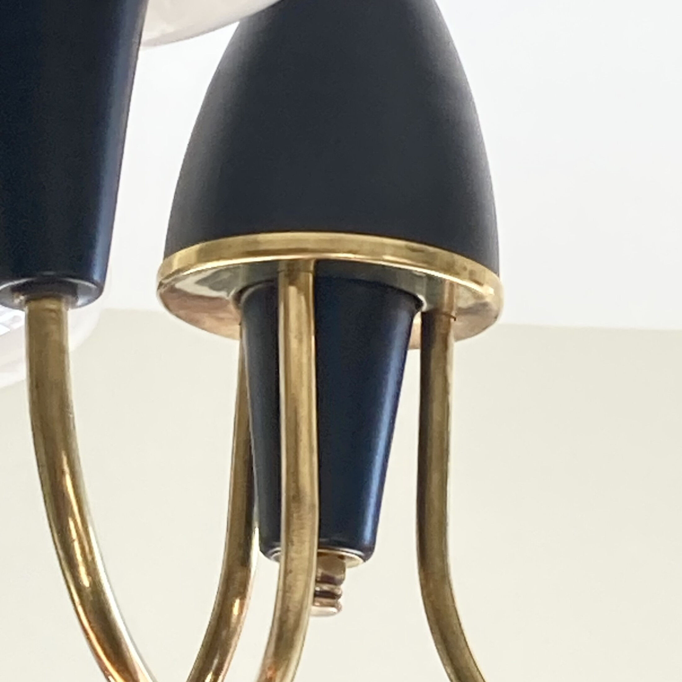 Brass chandelier and black metal tulips in white opaline glass 1950 1960 vintage suspension