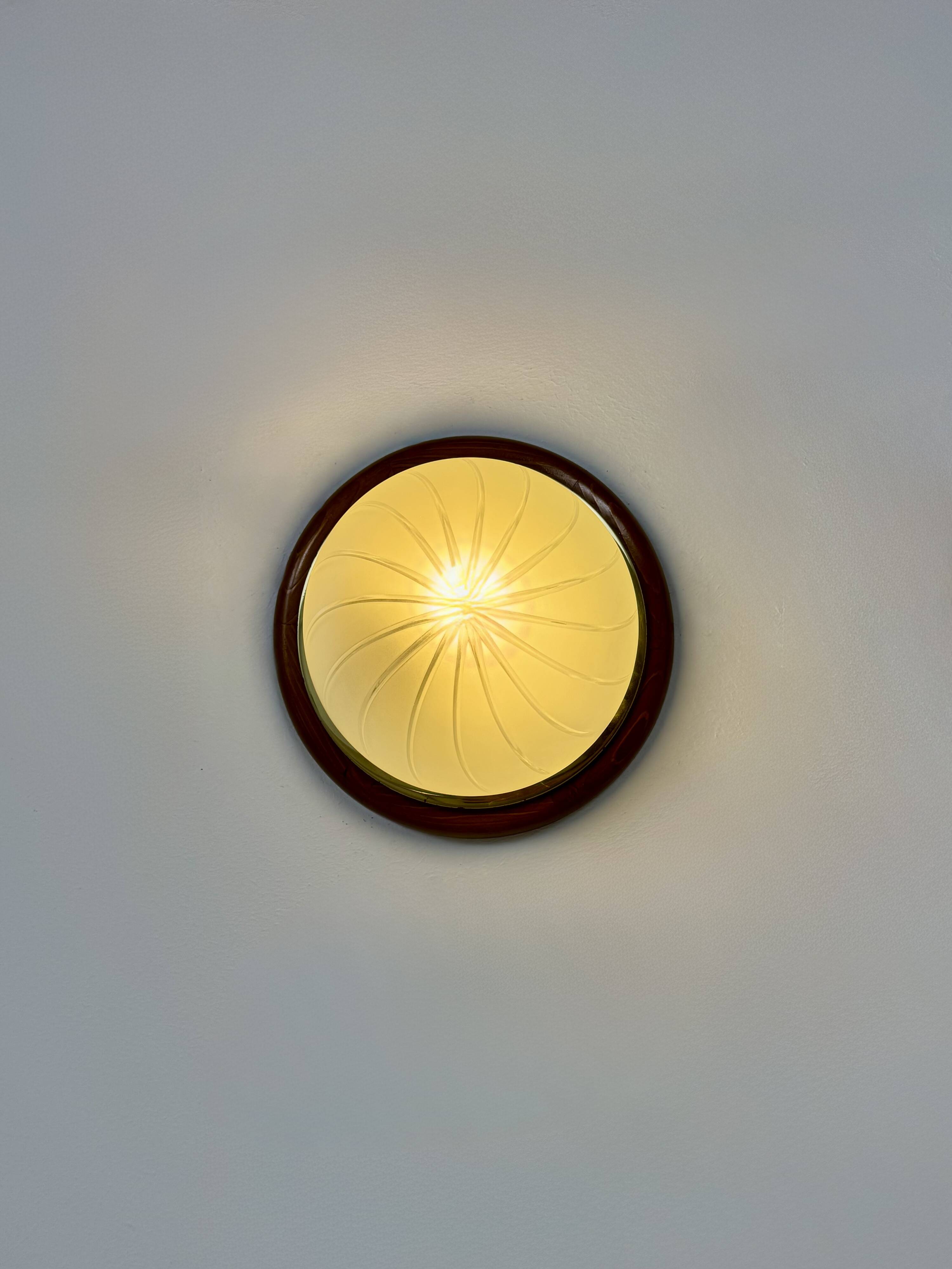 Pair of vintage wall lights, wood, brass and frosted glass, France, 1970.