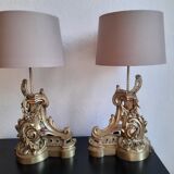 Paire de lampes anciennes en bronze style Louis XV Chenets d'époque XIX ème