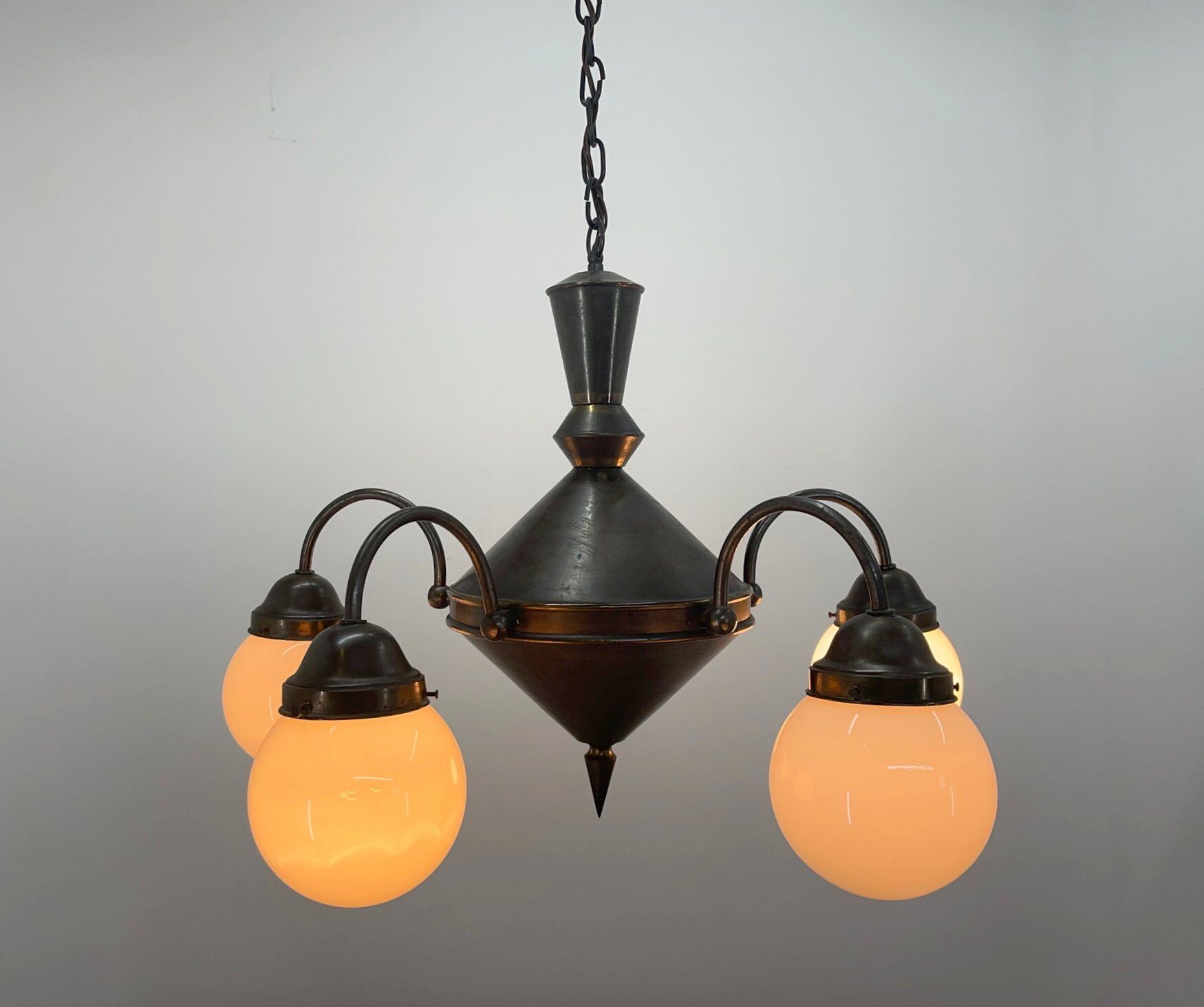 Art deco metal and milk glass chandelier, 1930's