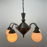 Art deco metal and milk glass chandelier, 1930's