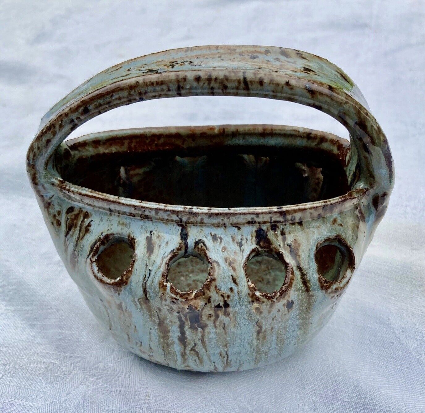 Glazed stoneware flower basket, signed Cécile Dein