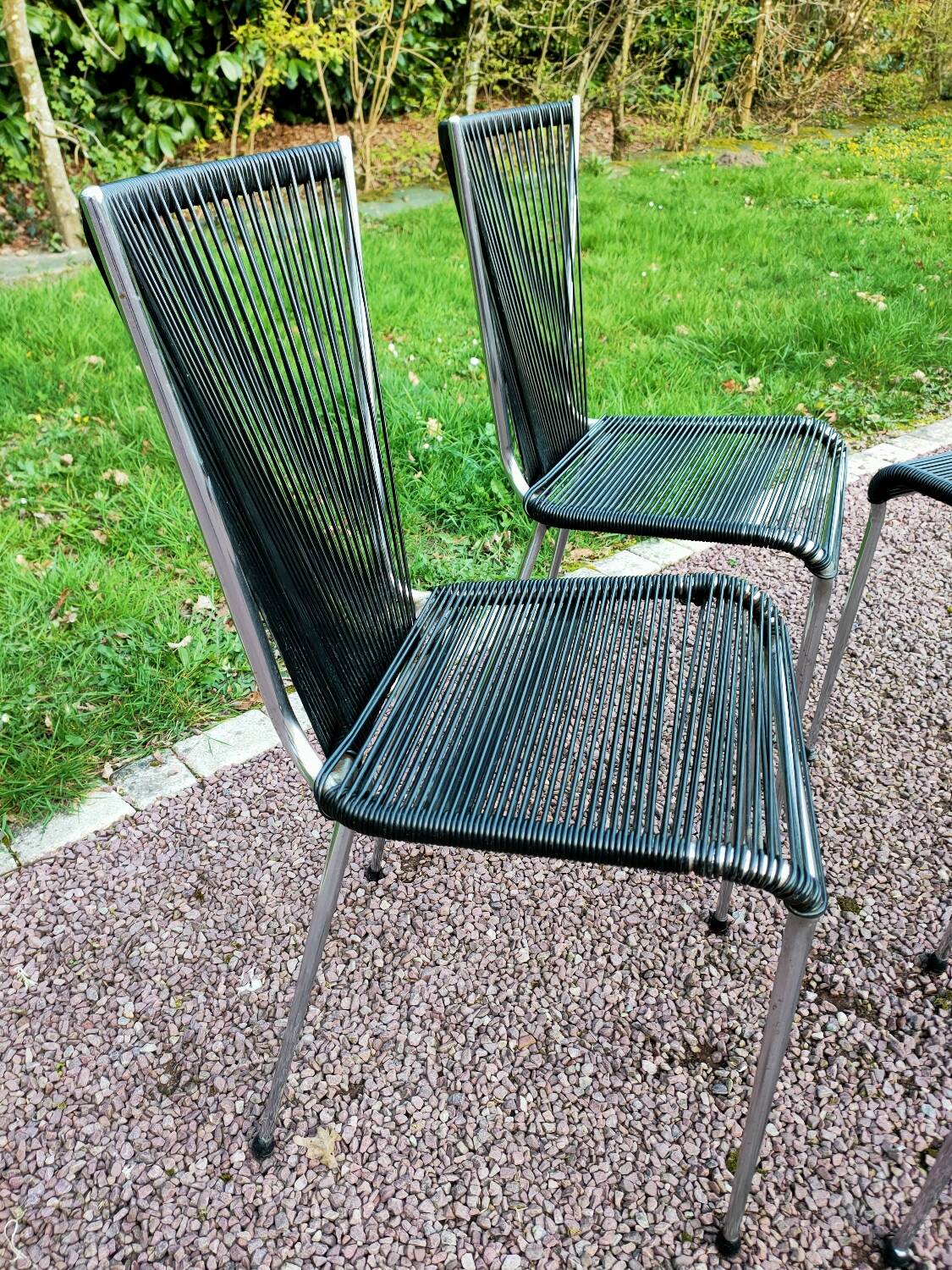 Pair of vintage Scoubidou chairs and stools