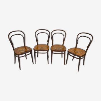 Lot de 4 chaises Thonet en bois courbé à assises décorées