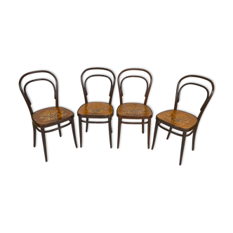 Lot de 4 chaises Thonet en bois courbé à assises décorées