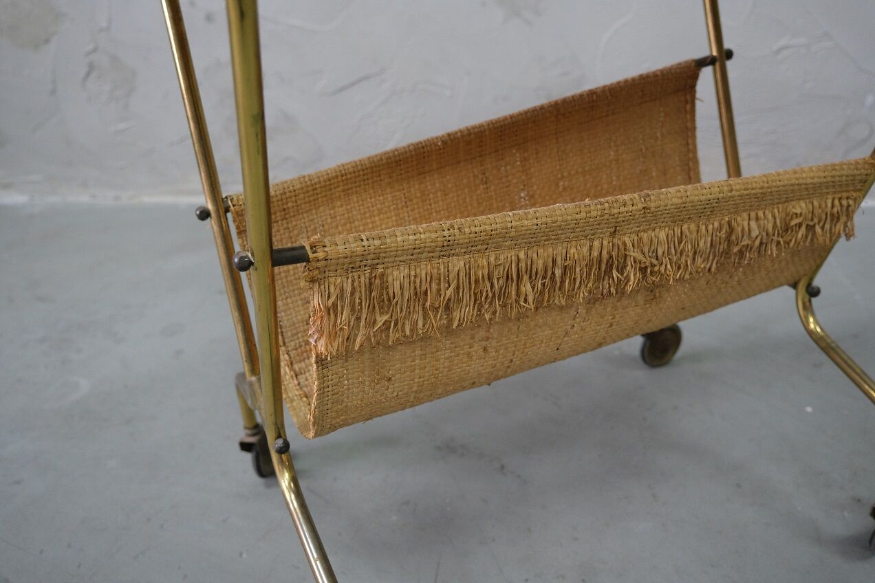 Mid-century teak and brass mobile side table with magazine holder, 1960s
