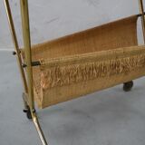 Mid-century teak and brass mobile side table with magazine holder, 1960s