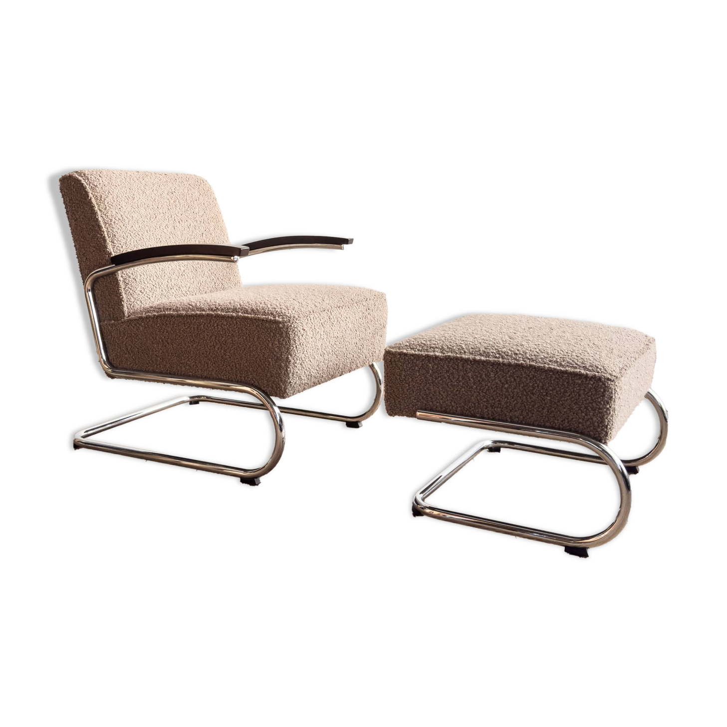 Fauteuil et ottoman Thonet 411 Bauhaus en tissu bouclé