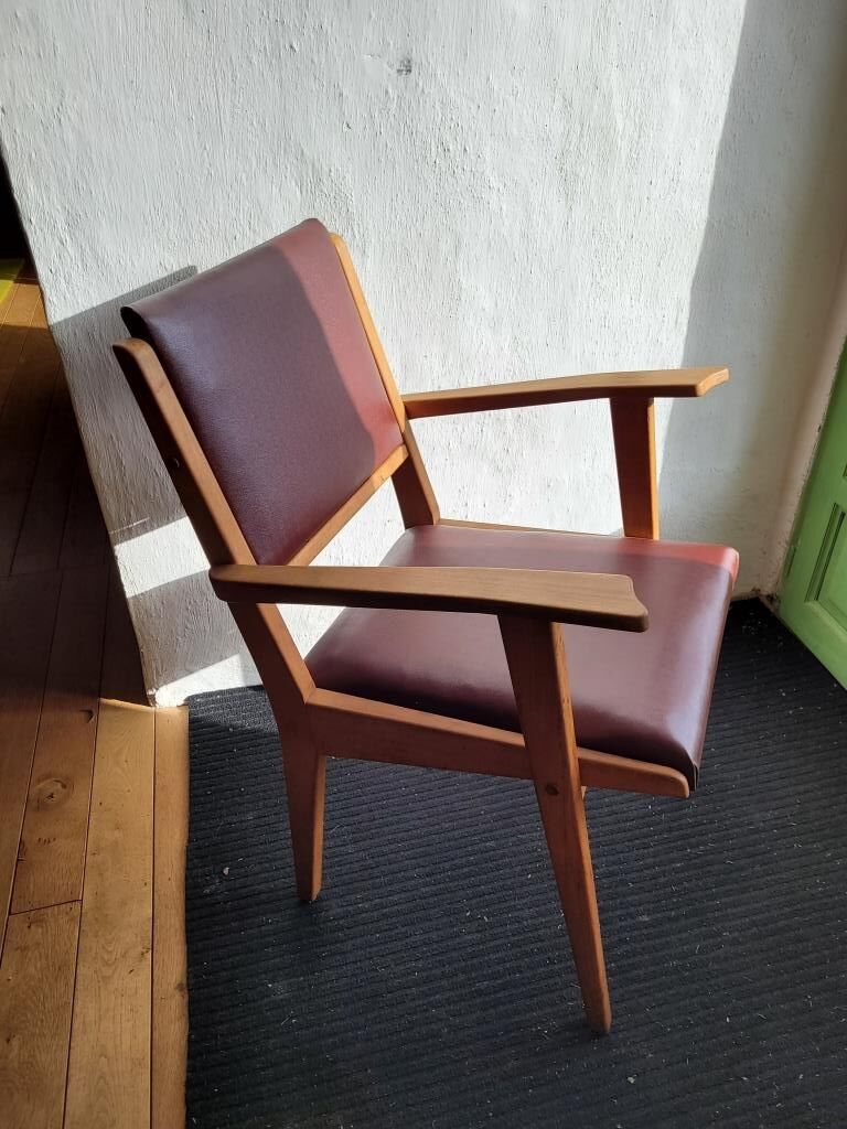 Pair chair/armchair wood and burgundy skaï, 50s