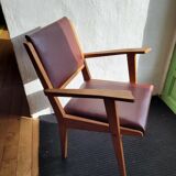 Pair chair/armchair wood and burgundy skaï, 50s