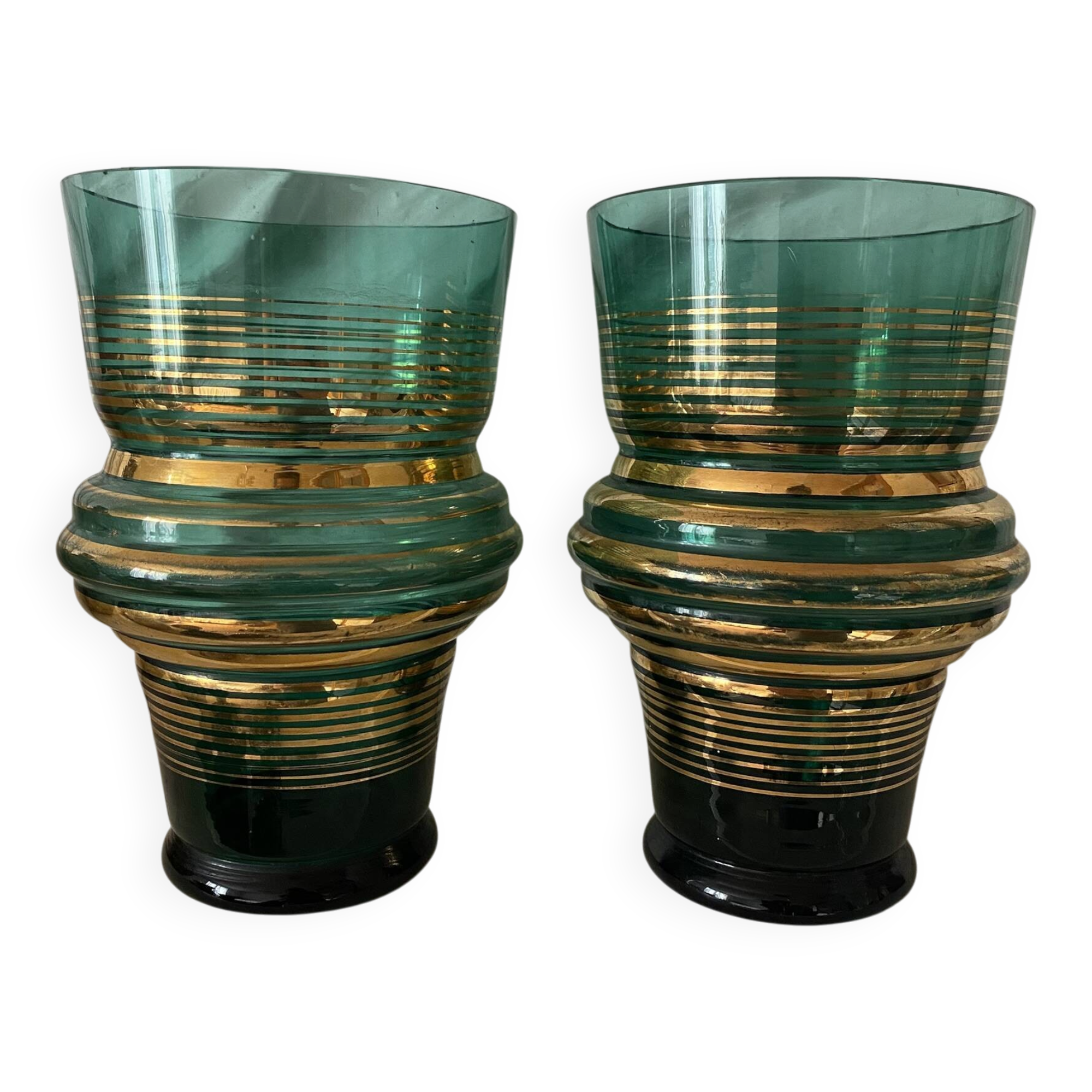 Paire de vases vert émeraude et doré , années 50-60