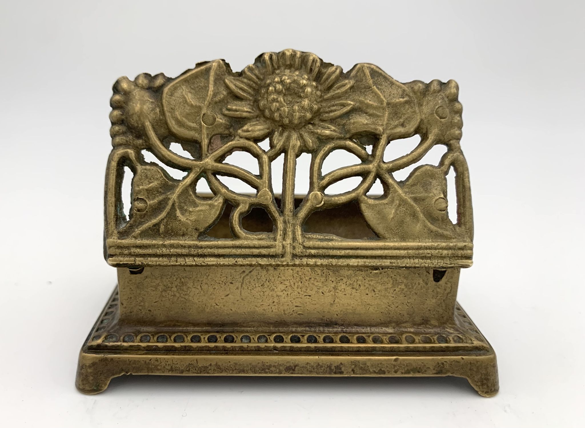 Old brass stamp box, floral decoration - twentieth century