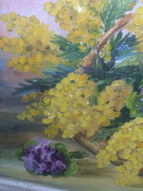 Tableau ancien, mimosa et violettes