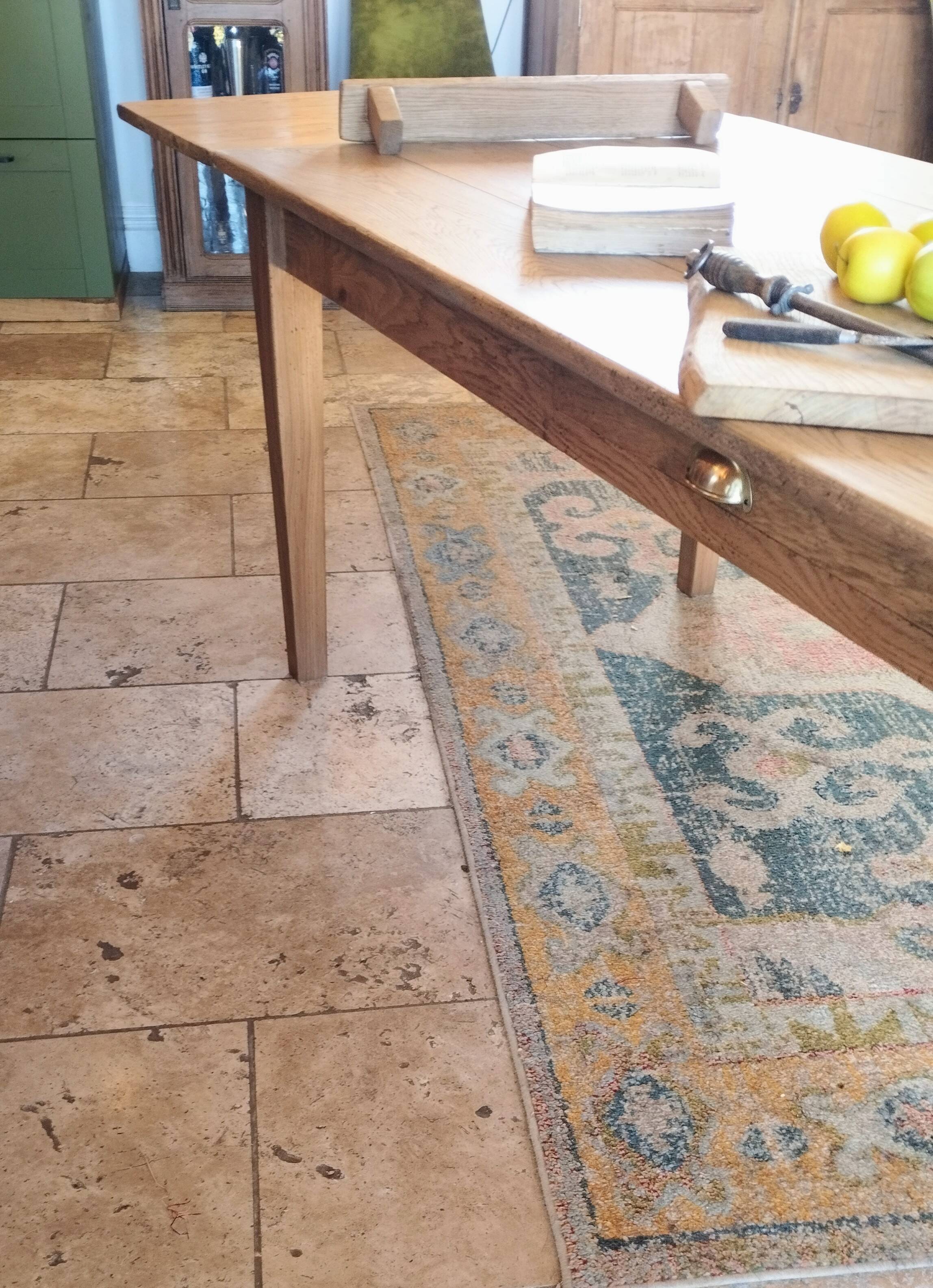 Solid oak farmhouse table with central drawer and extension