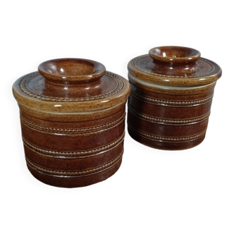 Duo of brown glazed ceramic water dish, pearl, Berry stoneware, France