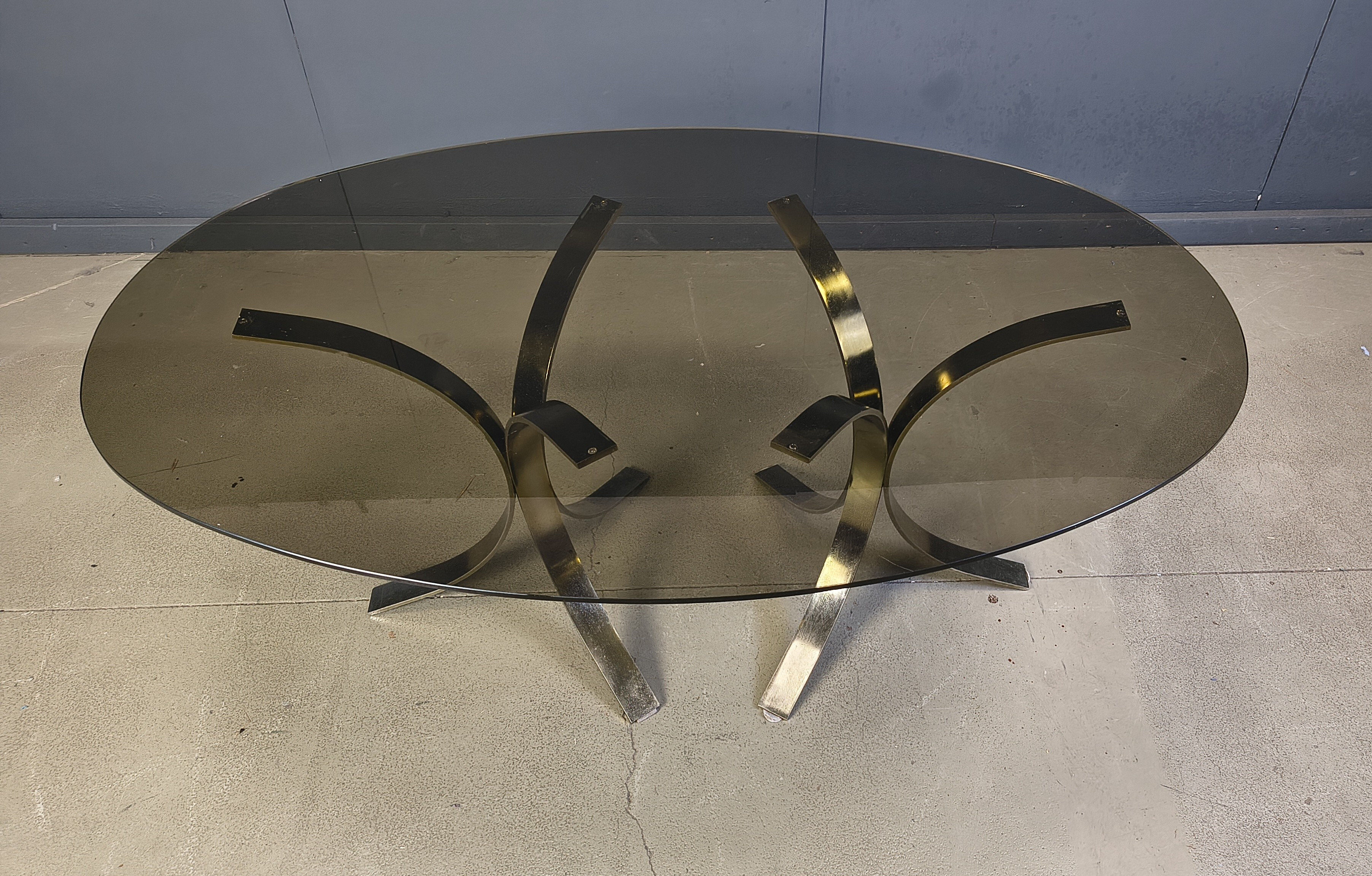 Vintage brass oval glass dining table, 1970s