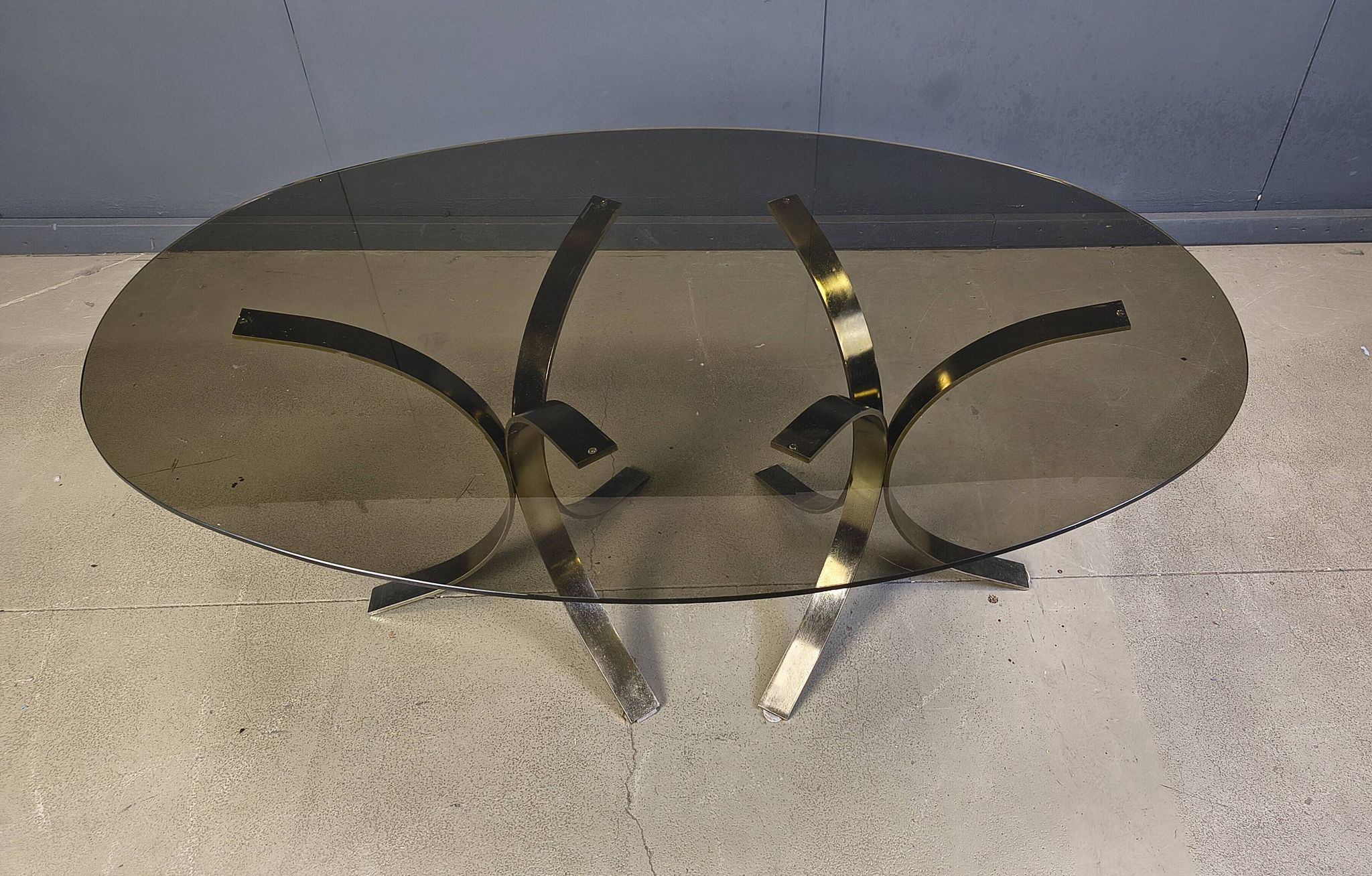 Vintage brass oval glass dining table, 1970s