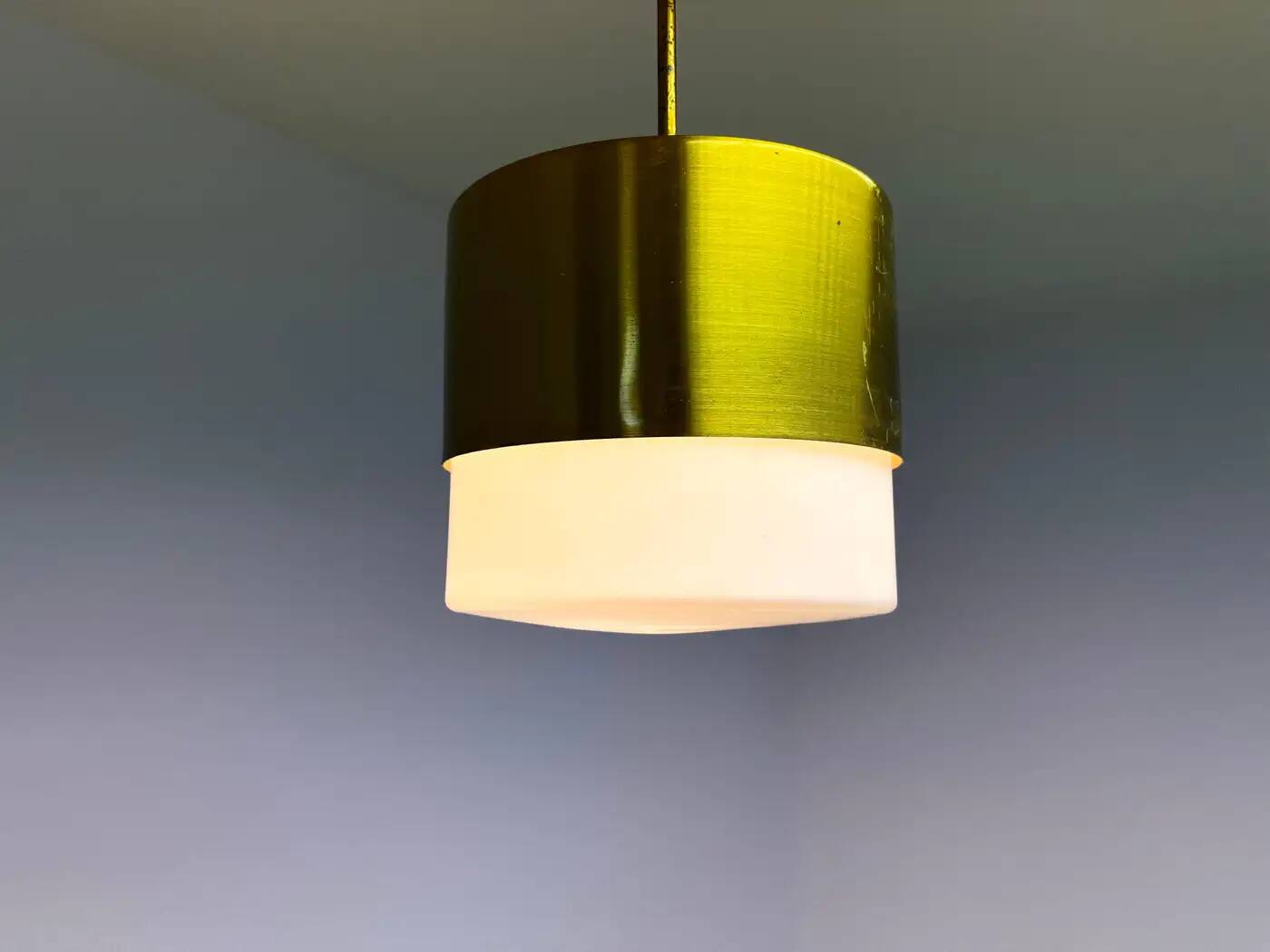 Brass and milk glass midcentury pendant by Kamenicky Senov, 1970s