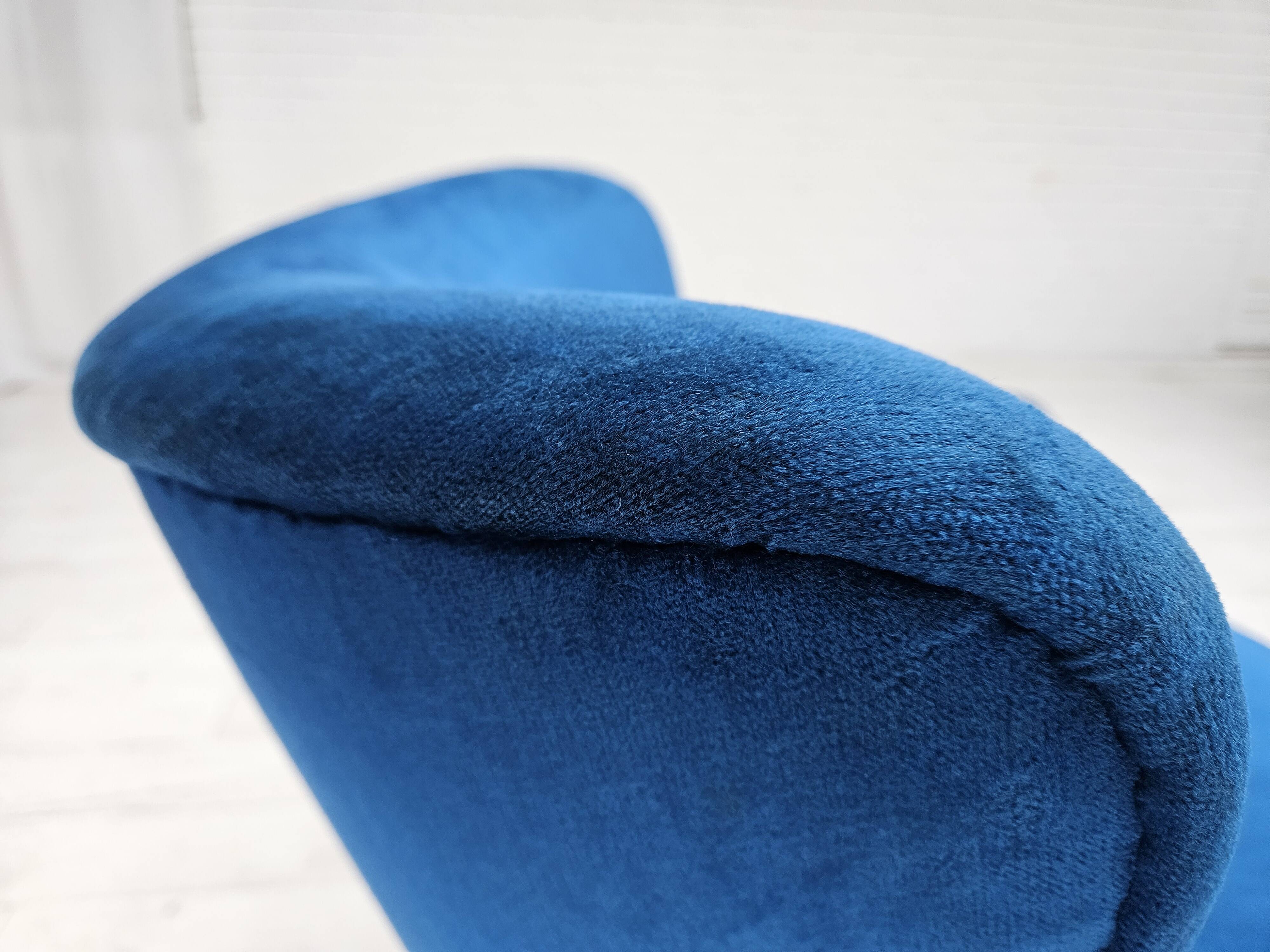 1960s, Danish lounge chair, blue furniture velour, beech wood legs.