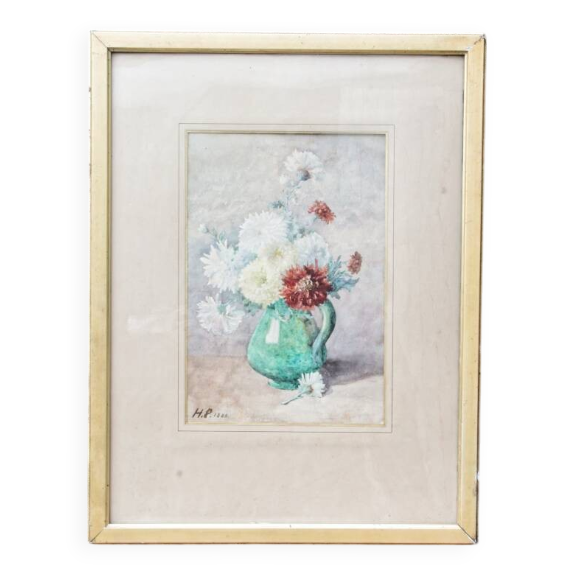 Still life, watercolor bouquet of flowers, signed HP