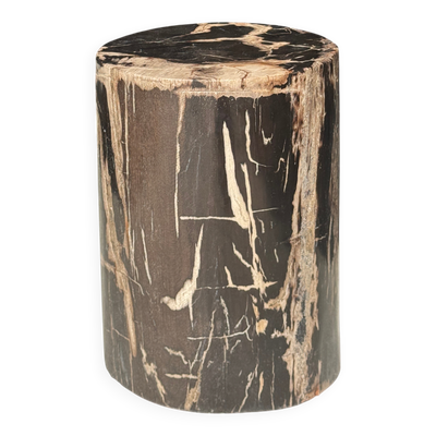 Table d'appoint en bois pétrifié noire stries beige arc de cercle