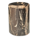 Black petrified wood side table with beige stripes and a semicircular shape.