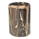 Black petrified wood side table with beige stripes and a semicircular shape.