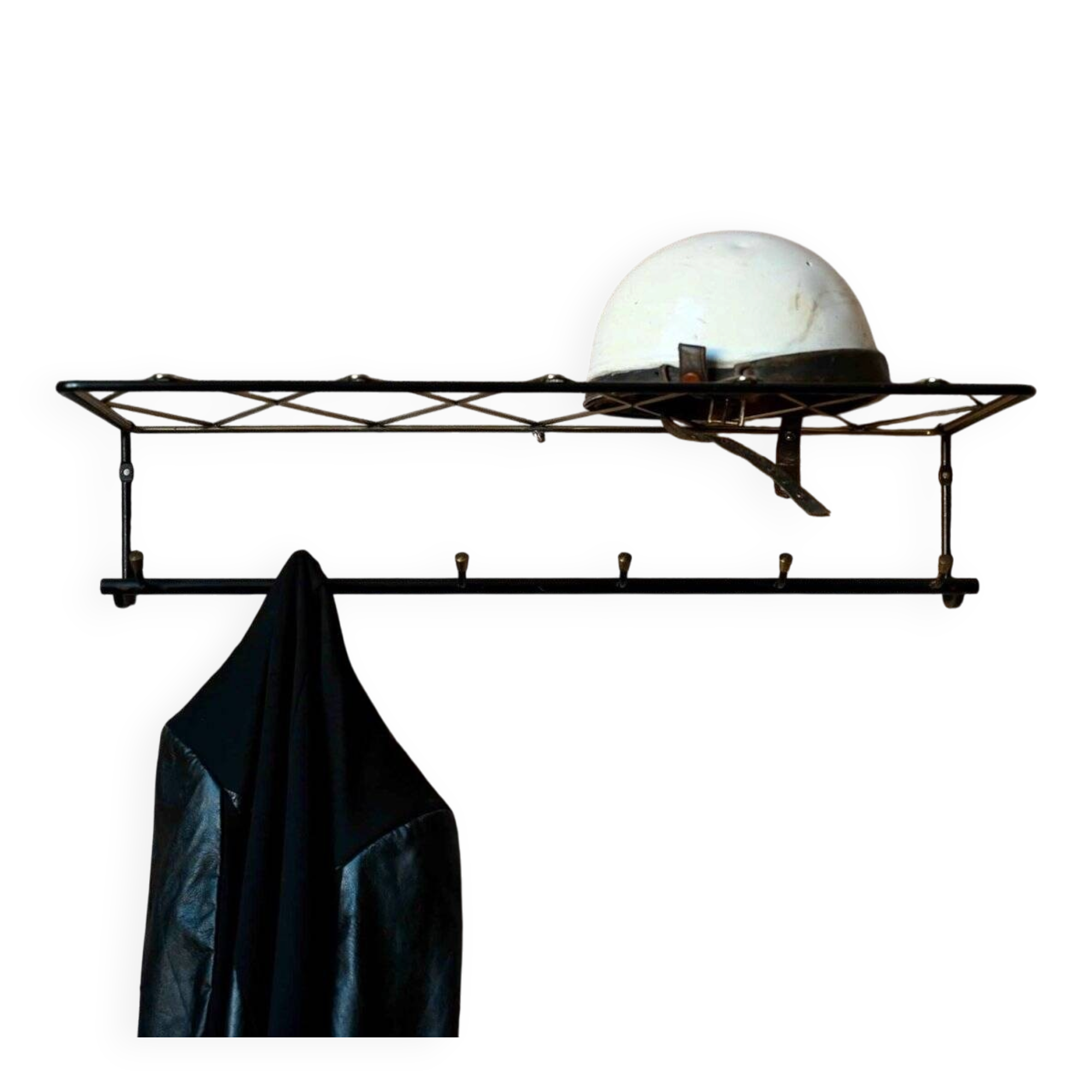 Vintage retro wall coat rack – Black metal & brass Mid-Century design