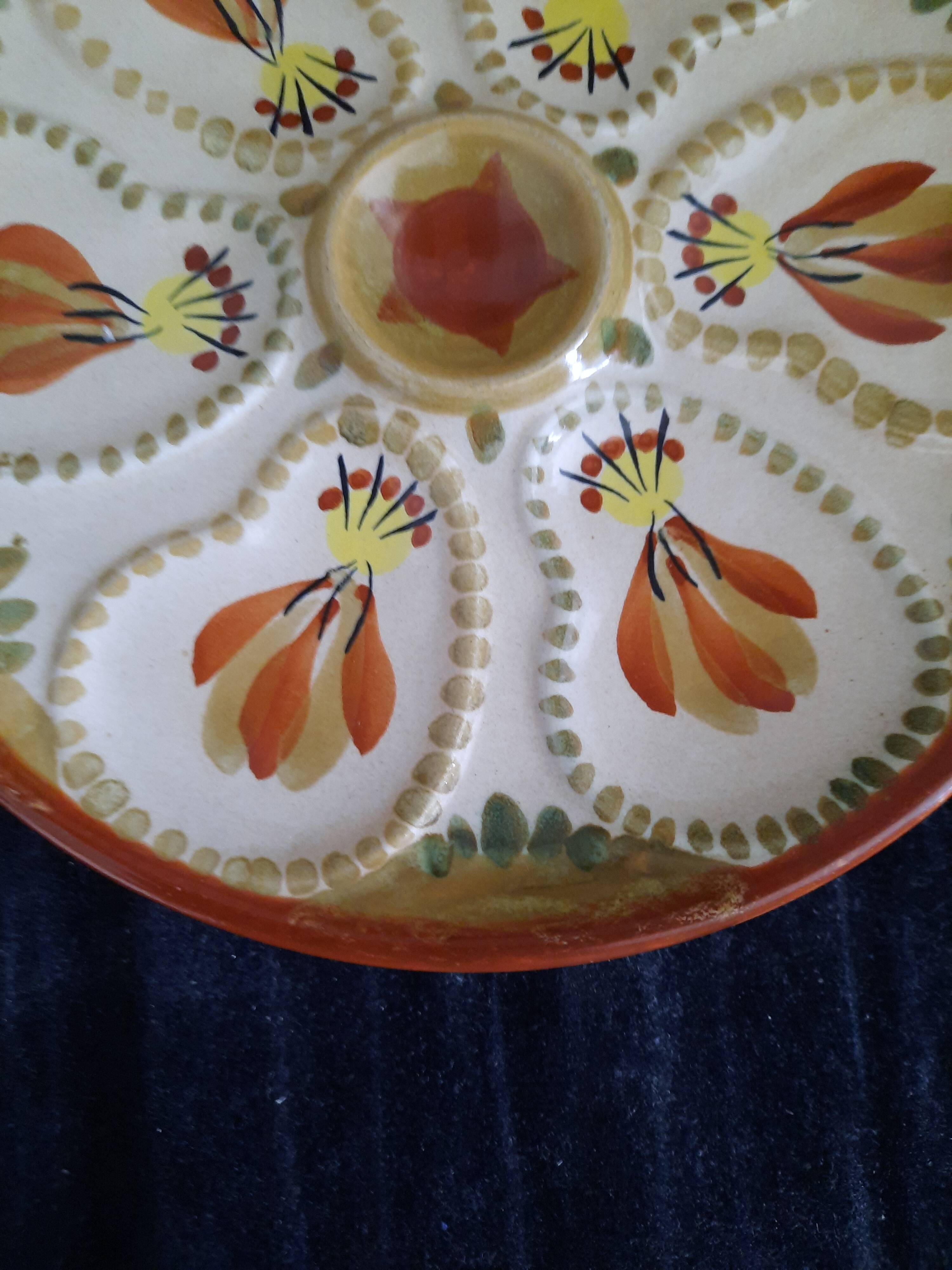 Assiette à huîtres hb henriot quimper grès 23 cm décor floral breton