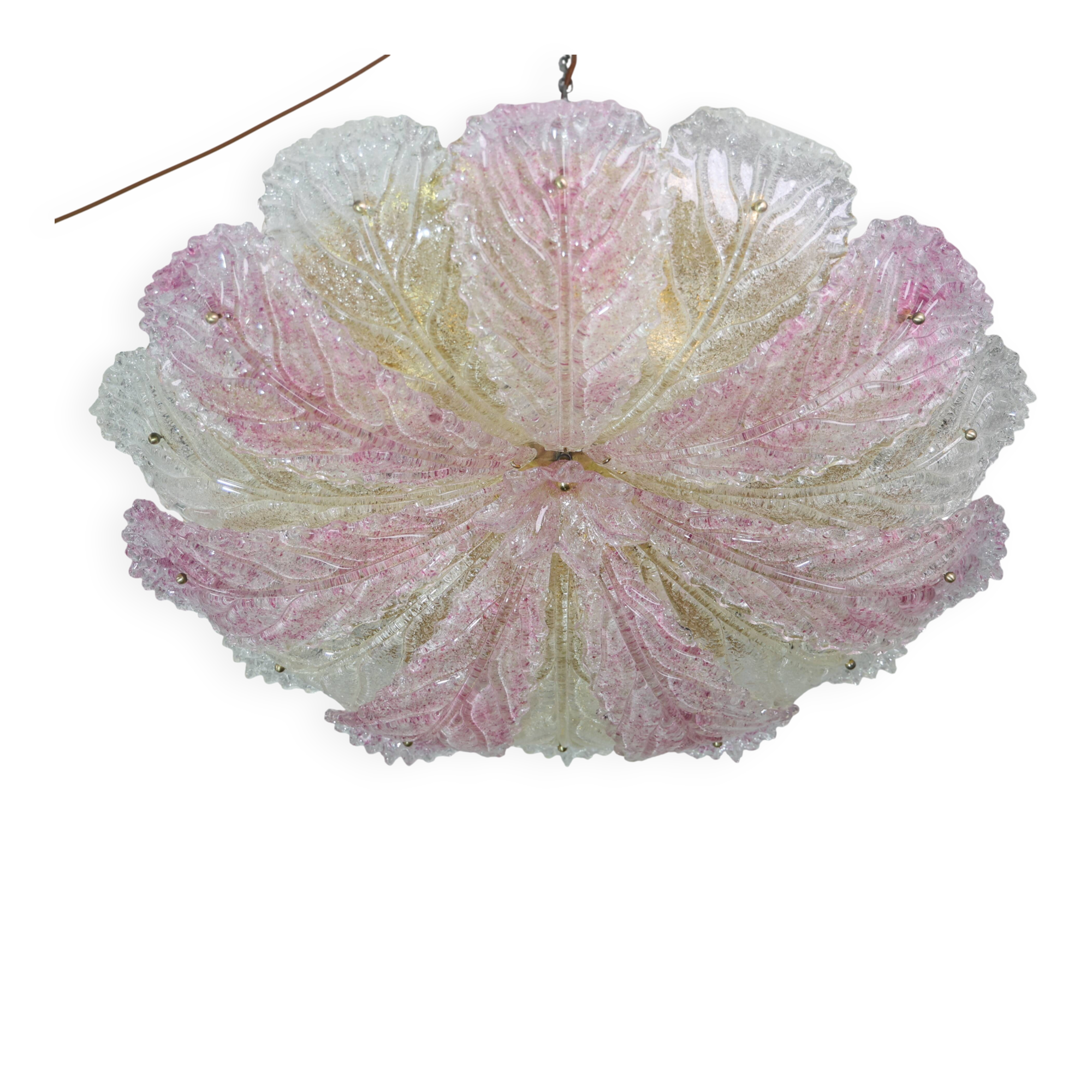 Large Size Pink and Transparent Murano Glass Leave Ceiling Light or Chandel