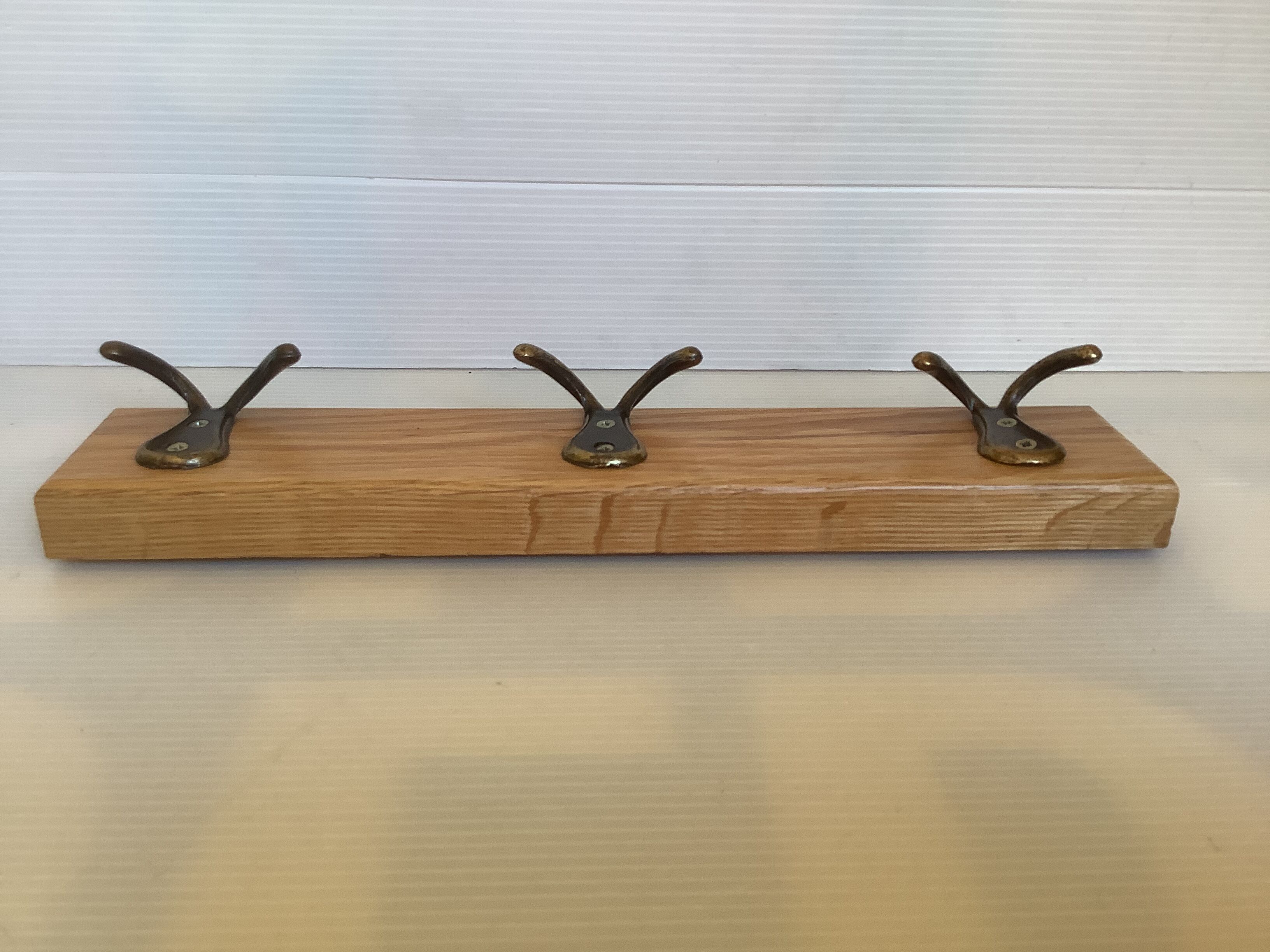Wood metal coat rack three double hooks