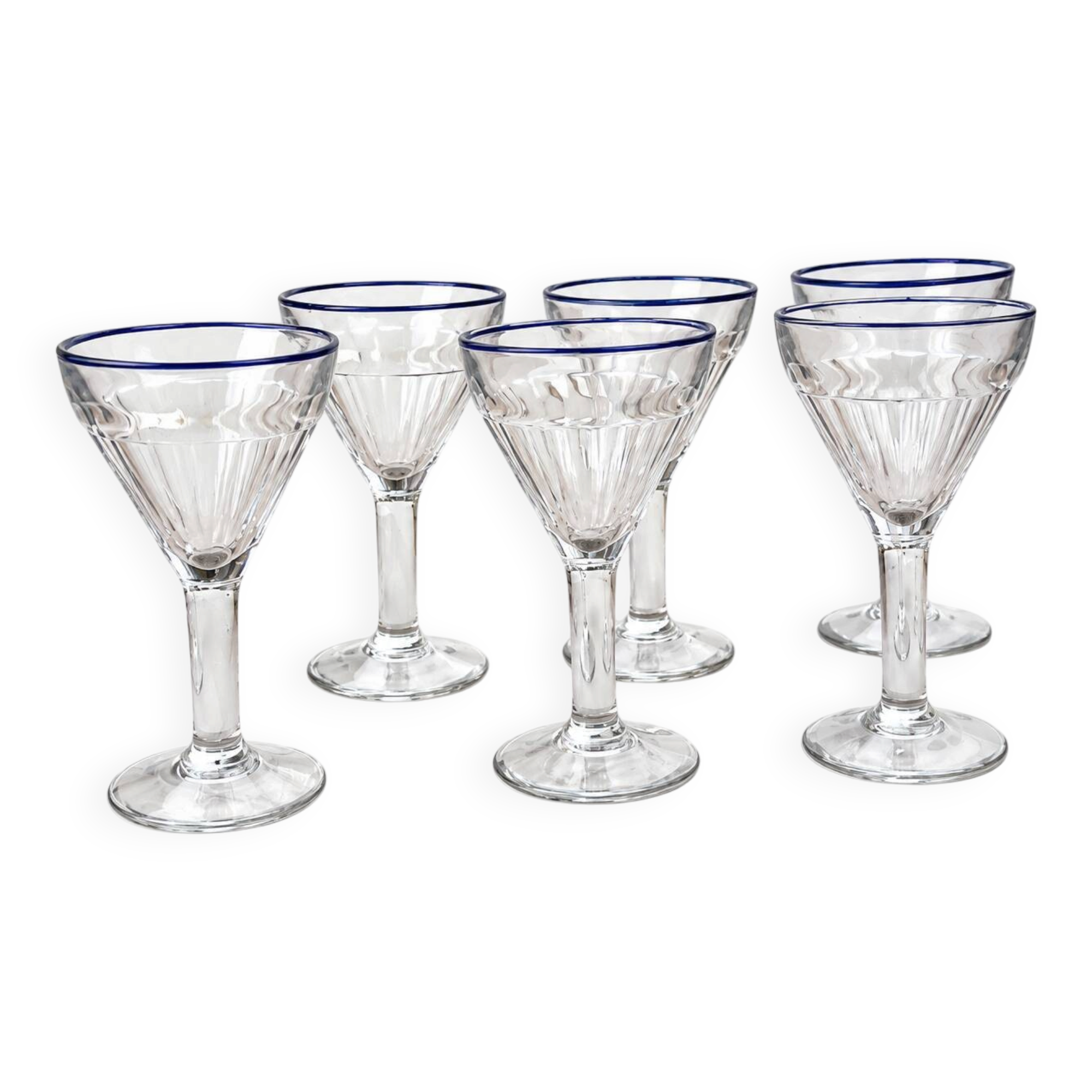 Set of 6 vintage bistro glasses – Art Deco style – Cobalt blue rim