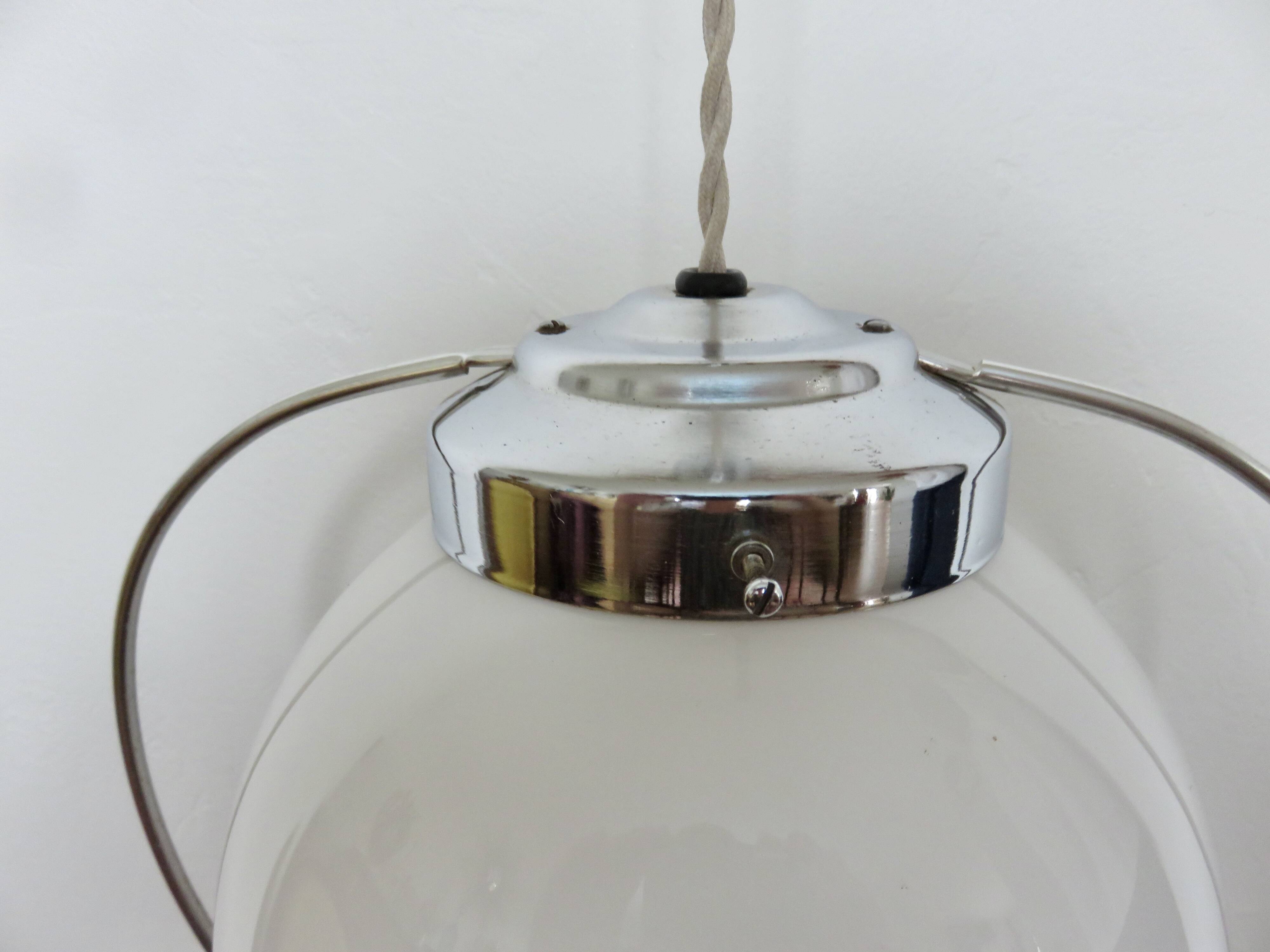 Art Deco pendant light in opaline and chrome-plated brass, 1930s-1940s