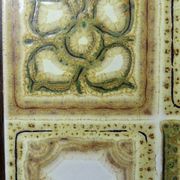 Vintage ceramic and wooden trivet, circa 1960-1970.