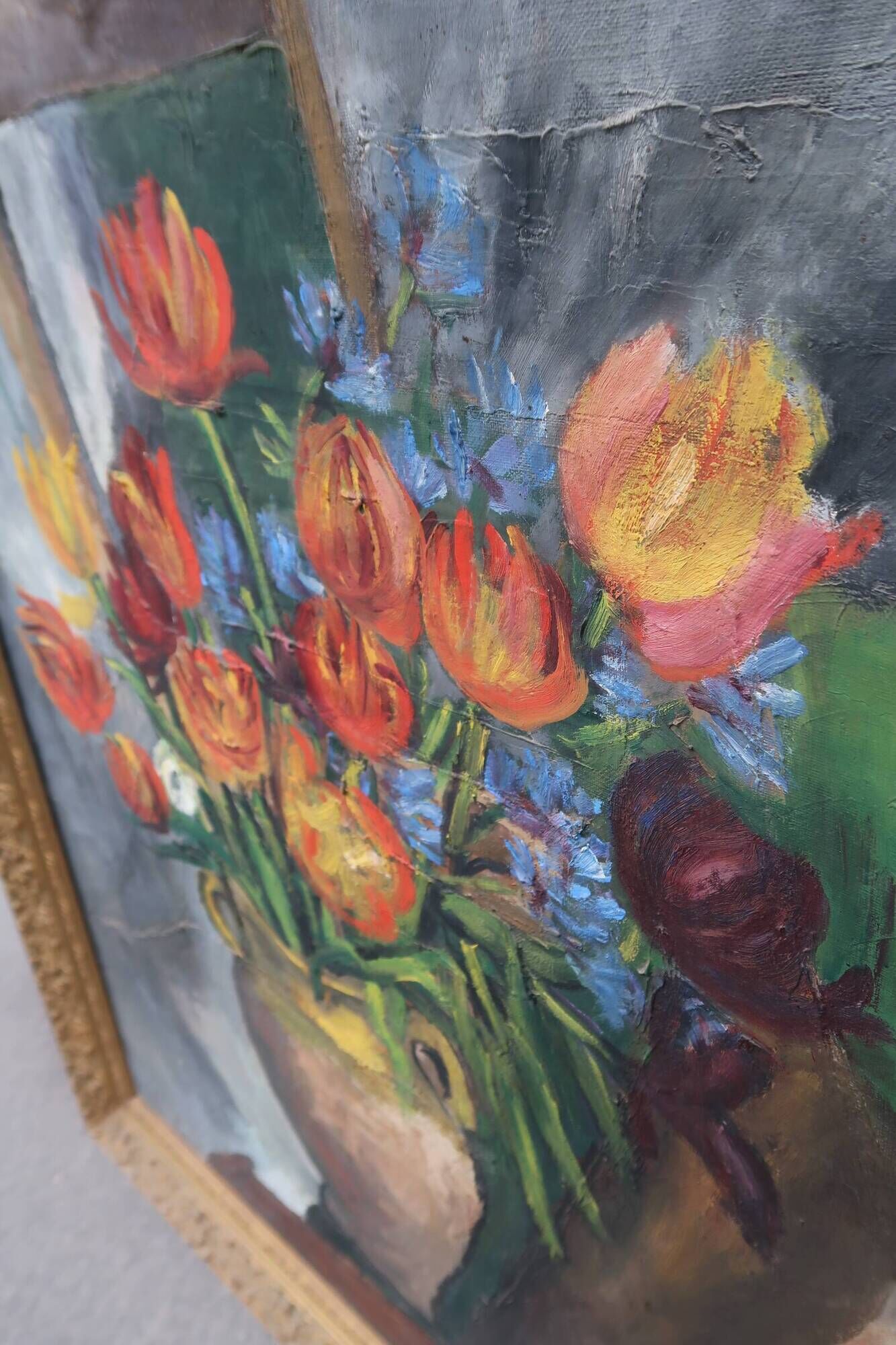 Large old oil painting, Still Life with Tulips, Gilded frame