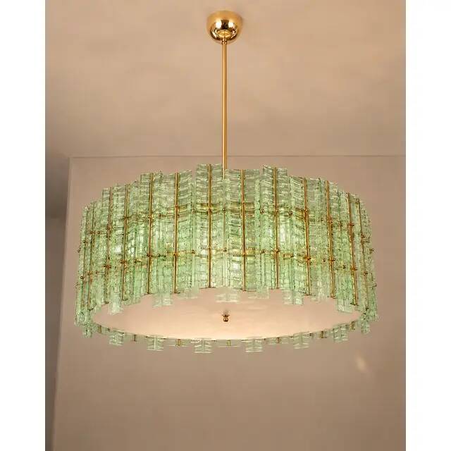 Contemporary Modern Italian Green“Tropical” Murano Glass Gold Chandelier