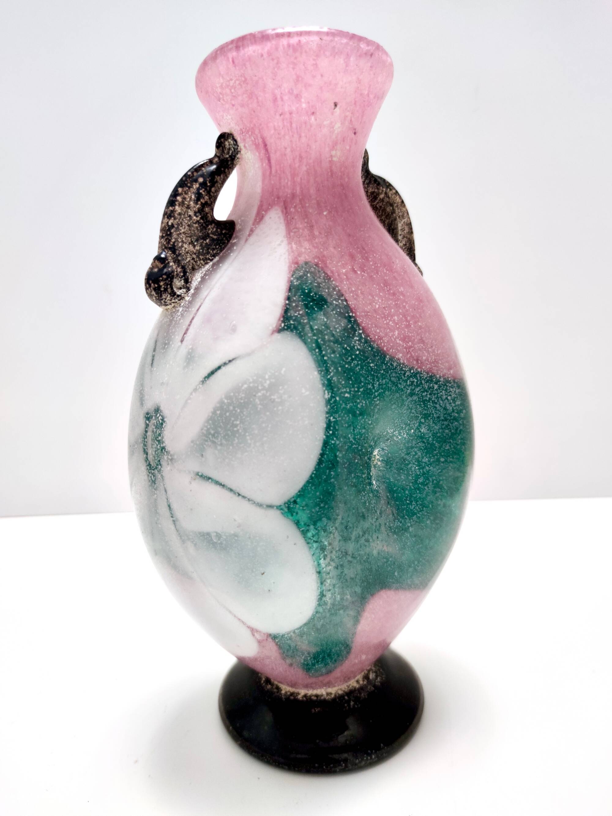 Postmodern Pink, Green and White Hand Blown Scavo Glass Vase, Murano, Italy