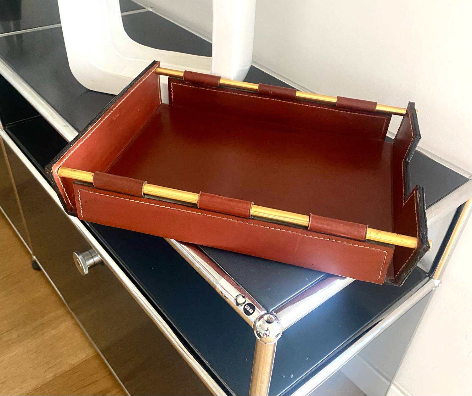 Vintage leather and brass office mail holder by Longchamp Design