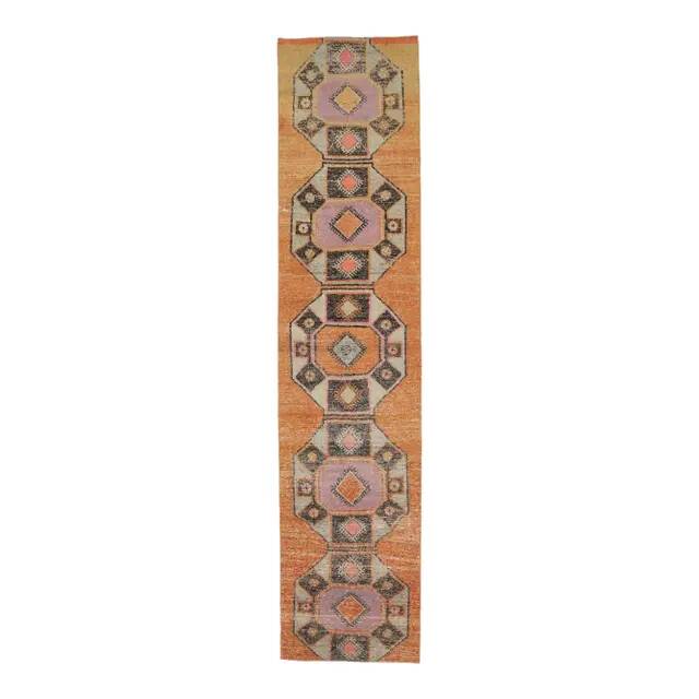 Tapis couloir vintage turc Oushak fait à la main en laine et coton orange 75x330