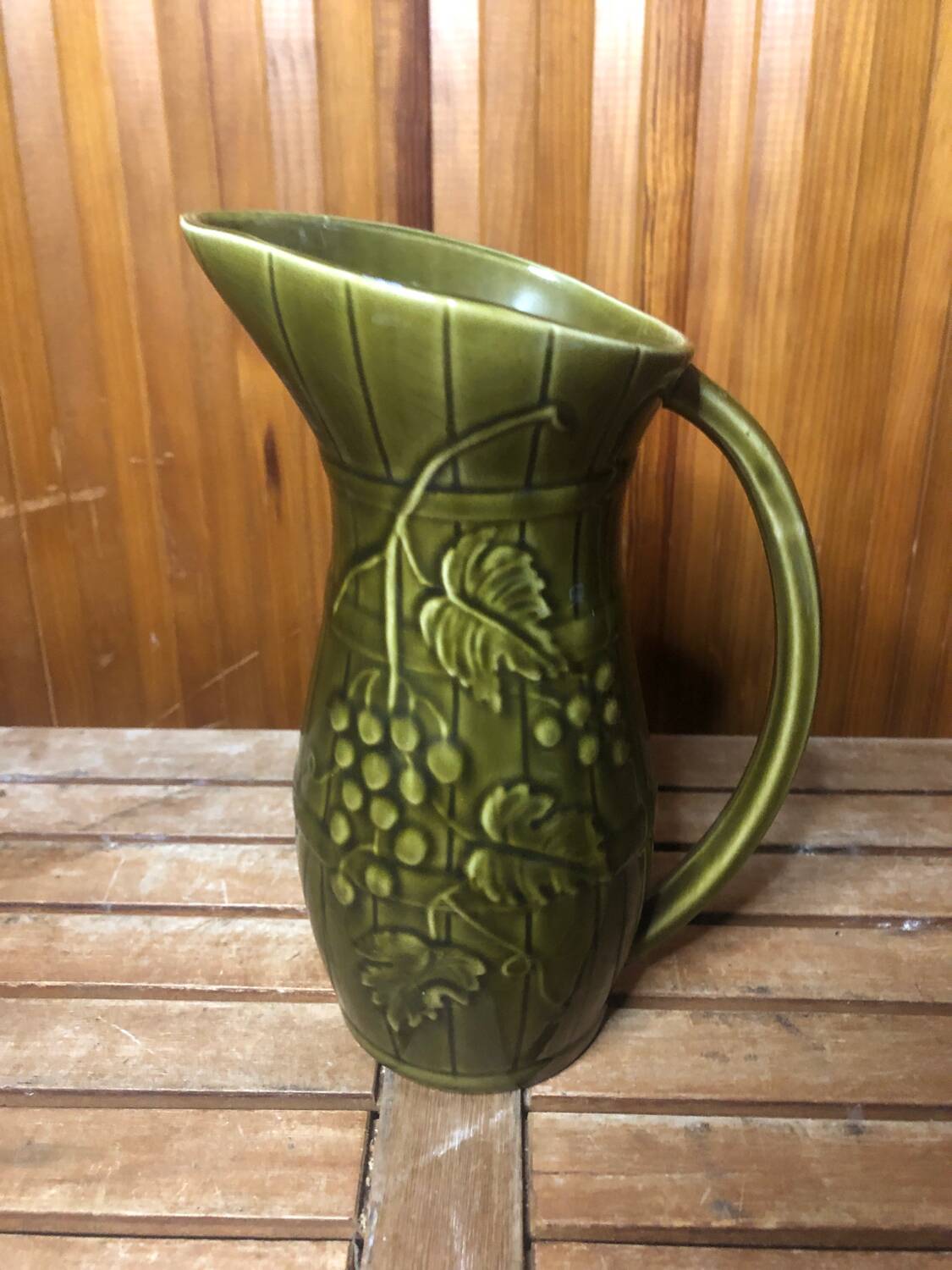Old SARREGUEMINES Green Ceramic Pitcher Vintage Vines Decor