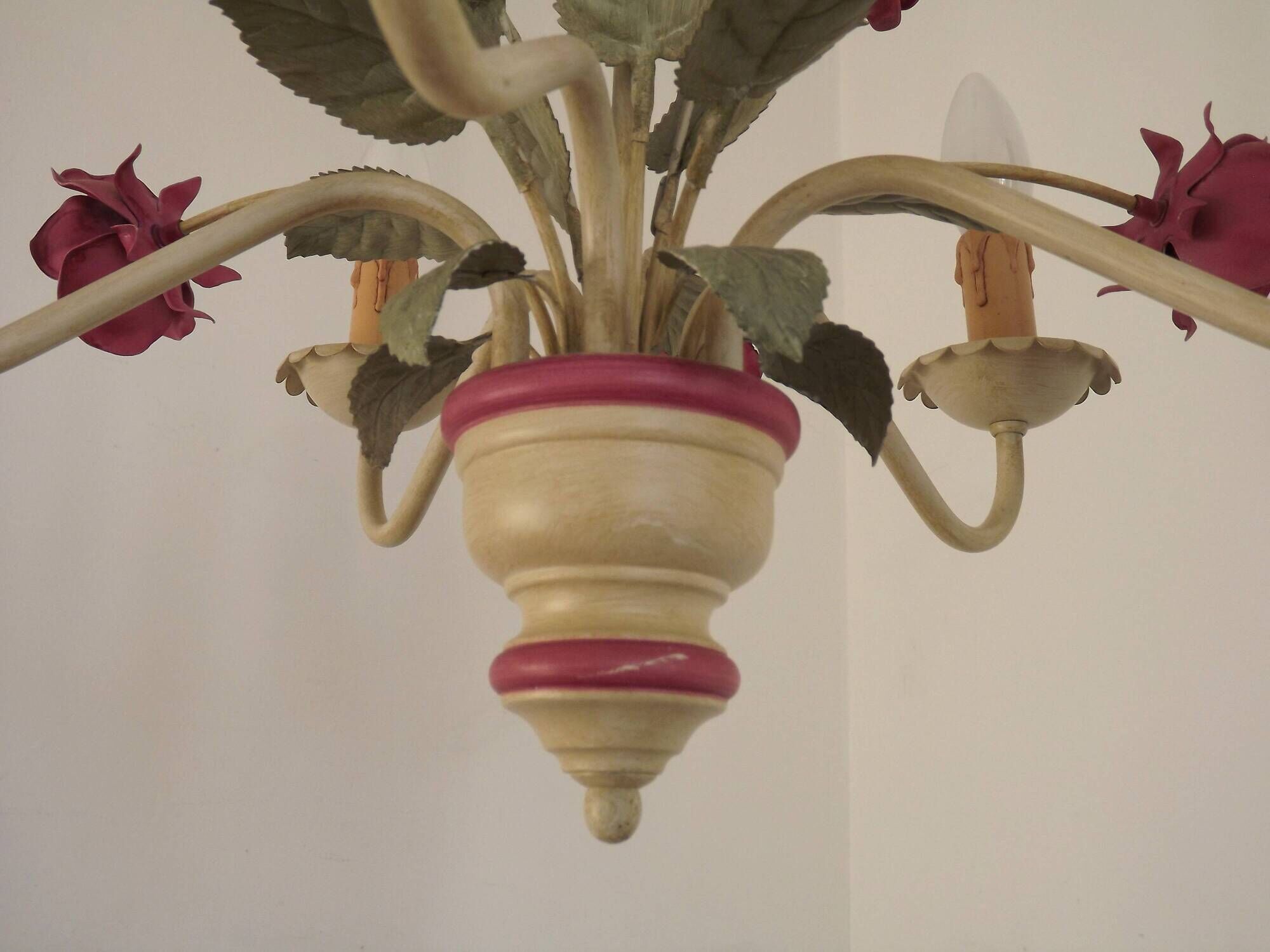 French vintage metal deep pink rose and green leaf 5-light chandelier