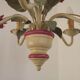 French vintage metal deep pink rose and green leaf 5-light chandelier